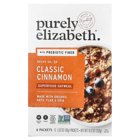 Purely Elizabeth, Superfood Oatmeal With Prebiotic Fiber, Classic Cinnamon, 6 Packets, 1.52 oz (43 g) Each - Image 1