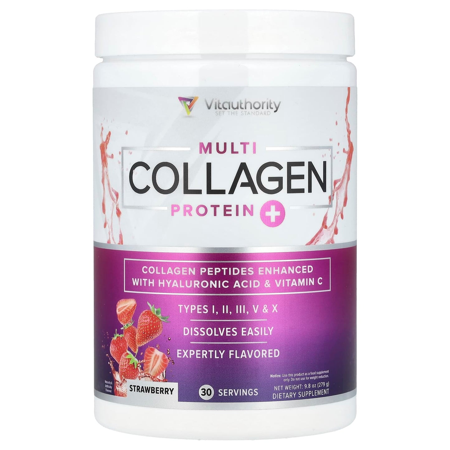 Vitauthority, Multi Collagen Protein+, Strawberry, 9.8 oz (279 g) - Image 1