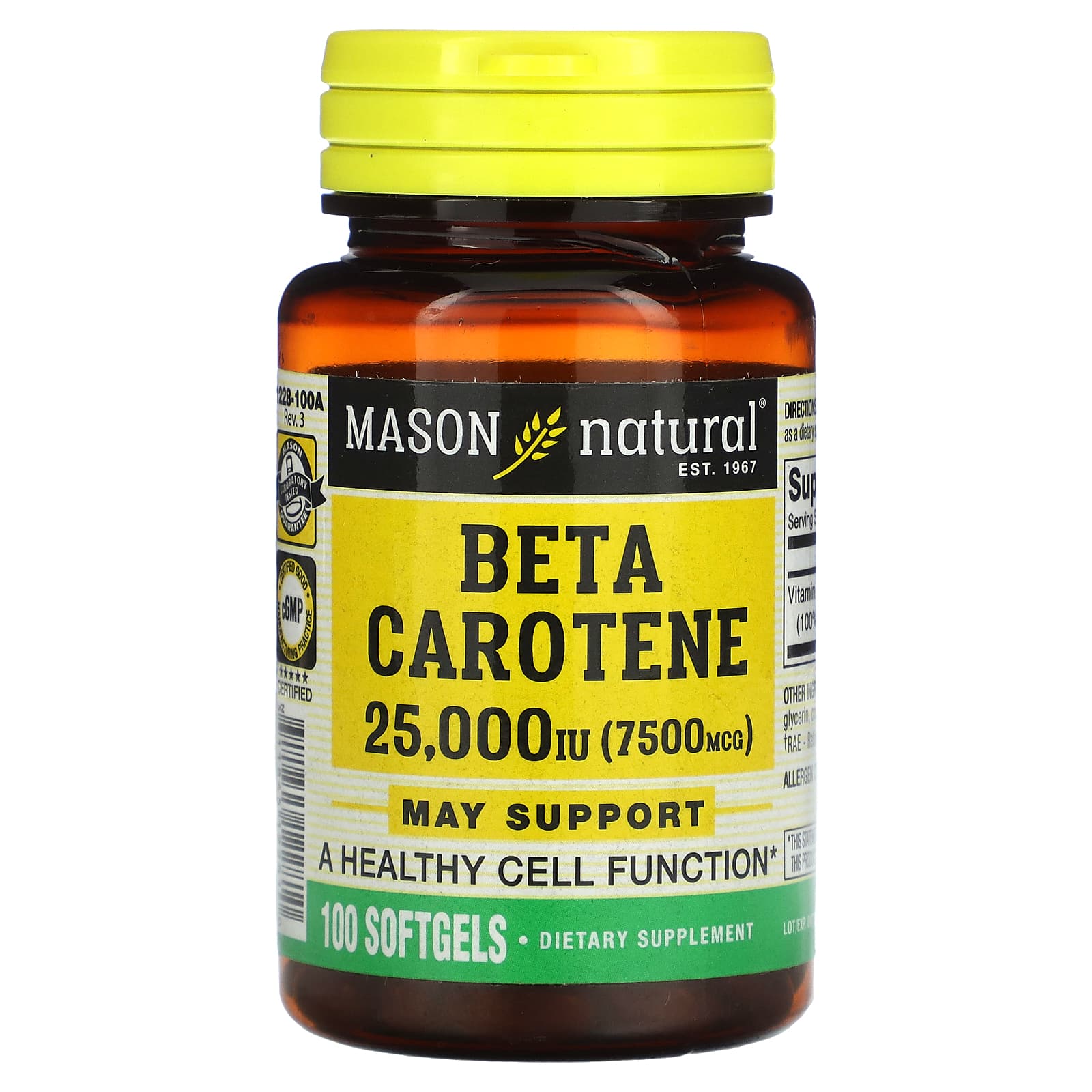 Mason Natural, Beta Carotene, 7,500 mcg (25,000 IU), 100 Softgels - Image 1