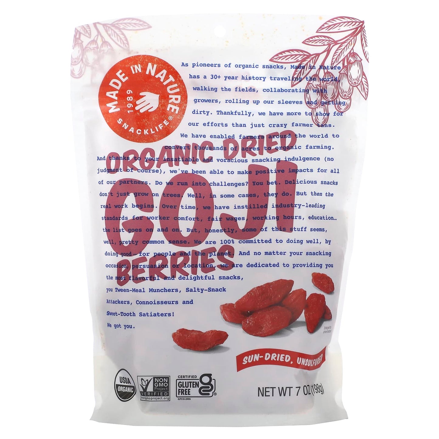 Made in Nature, Organic Dried Goji Berries, Sun-Dried, Unsulfured, 7 oz (198 g) - Image 1