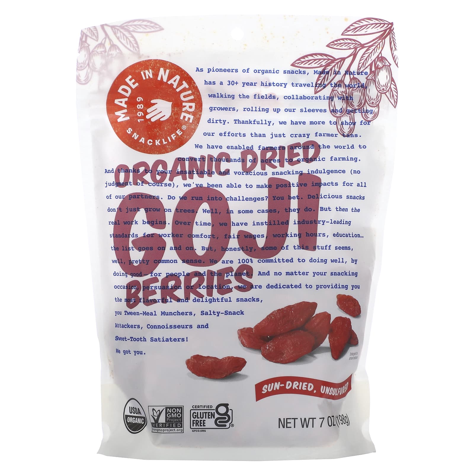 Made in Nature, Organic Dried Goji Berries, Sun-Dried, Unsulfured, 7 oz (198 g) - Image 1