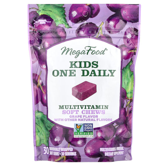 MegaFood, Kids One Daily, Multivitamin Soft Chews, Grape, 30 Individually Wrapped Soft Chews - Image 1
