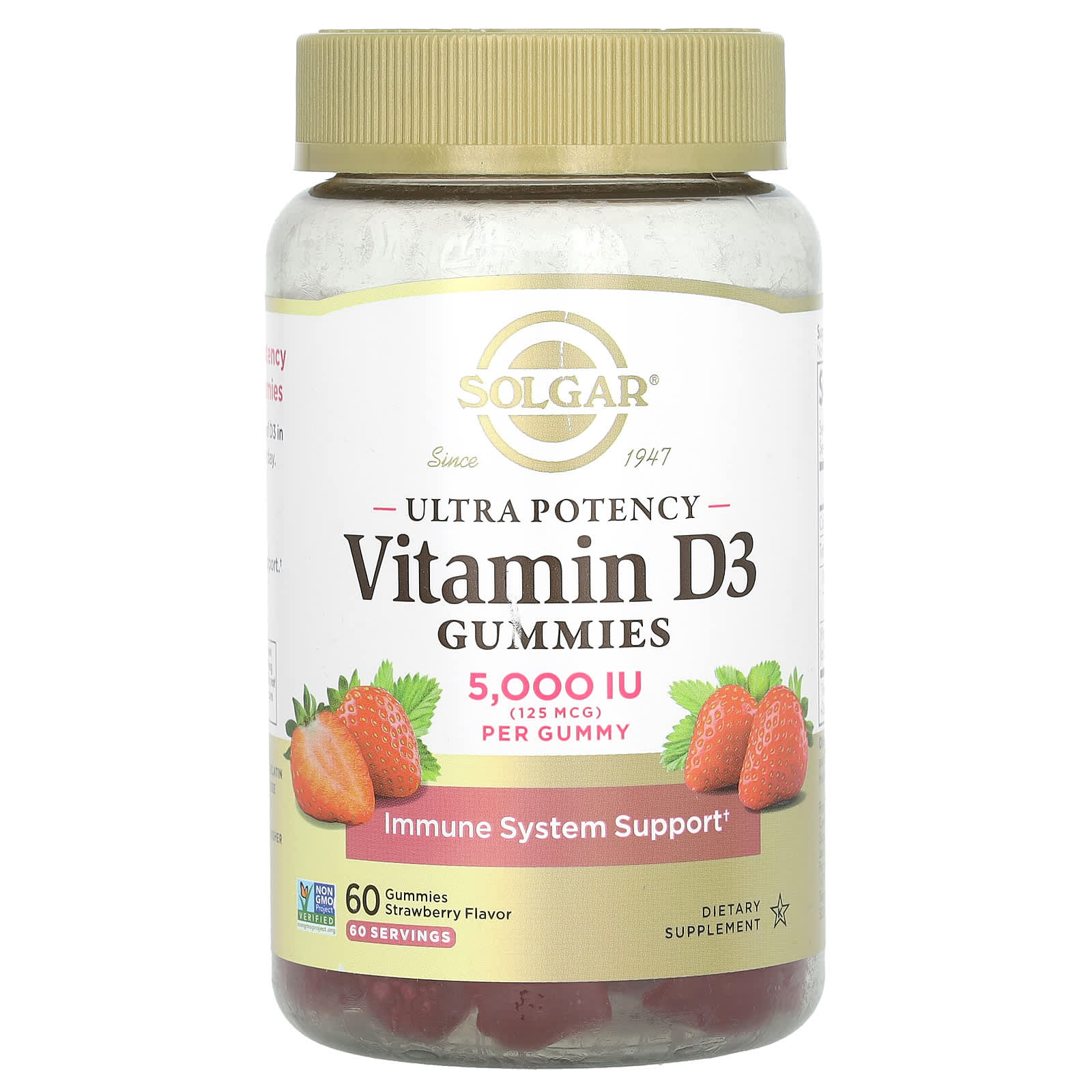 Solgar, Ultra Potency Vitamin D3 Gummies, Strawberry, 125 mcg (5,000 IU), 60 Gummies - Image 1