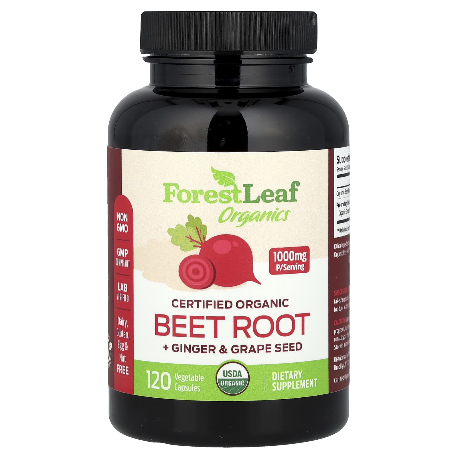 Certified Organic Beet Root + Ginger & Grape Seed, 120 Veg Capsules - USDA Organic - Image 1