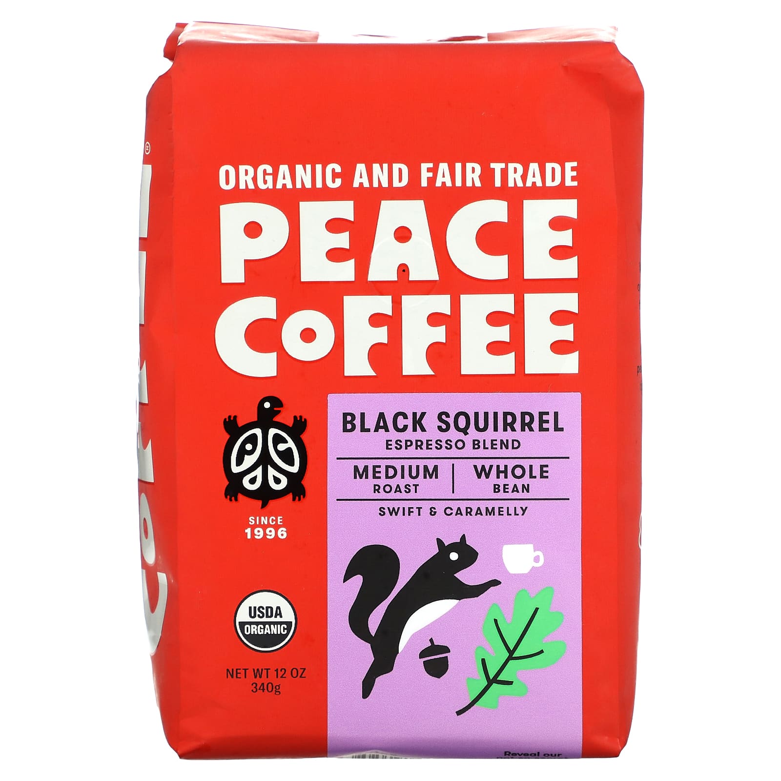 Peace Coffee, Organic Black Squirrel Expresso Blend, Medium Roast, Whole Bean, 12 oz (340 g) - Image 1