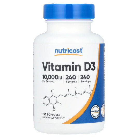 Nutricost, Vitamin D3, 250 mcg (10,000 IU), 240 Softgels - Image 1