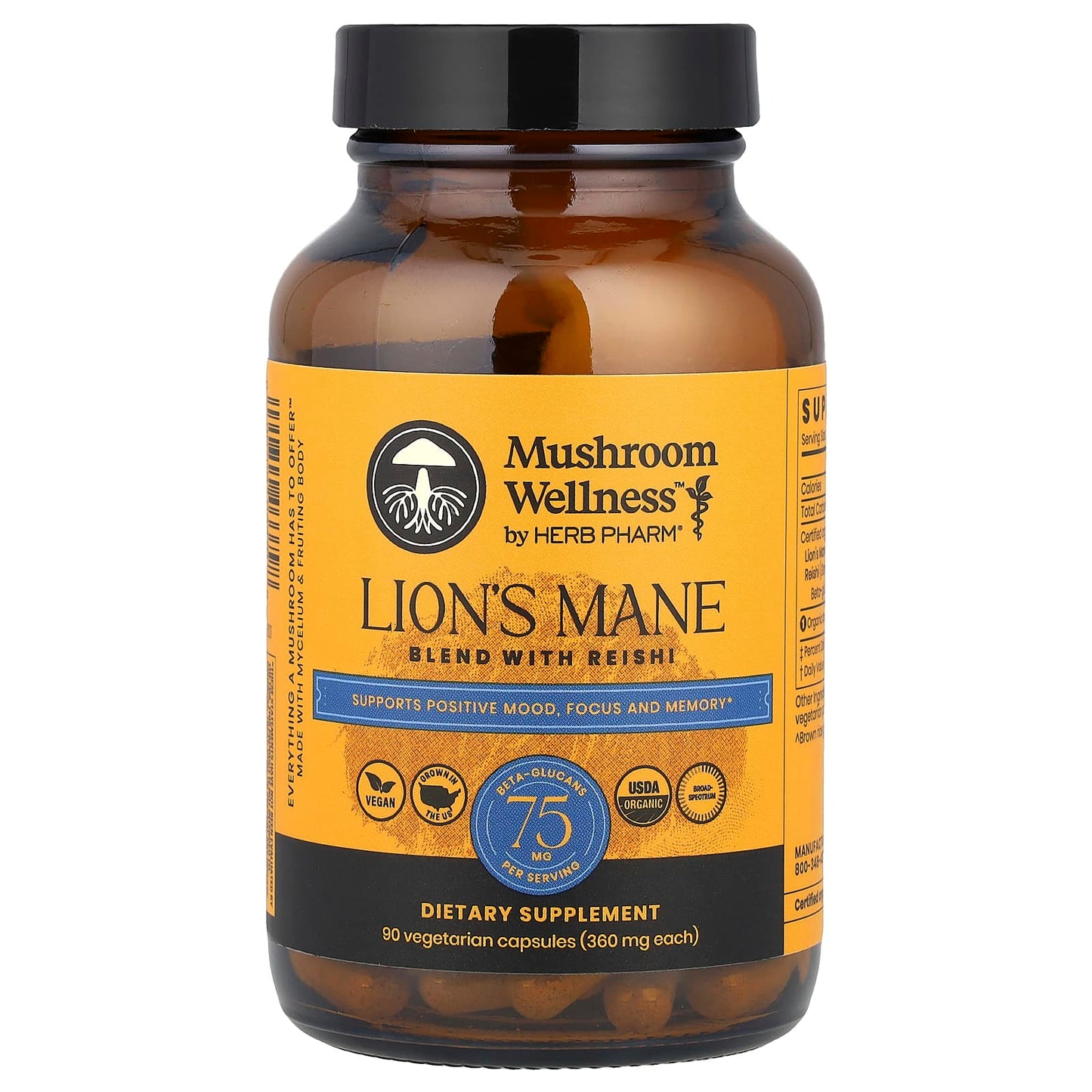 Lion's Mane & Reishi Mushroom Supplement, Vegan, USDA Organic, 90 Capsules - Image 1