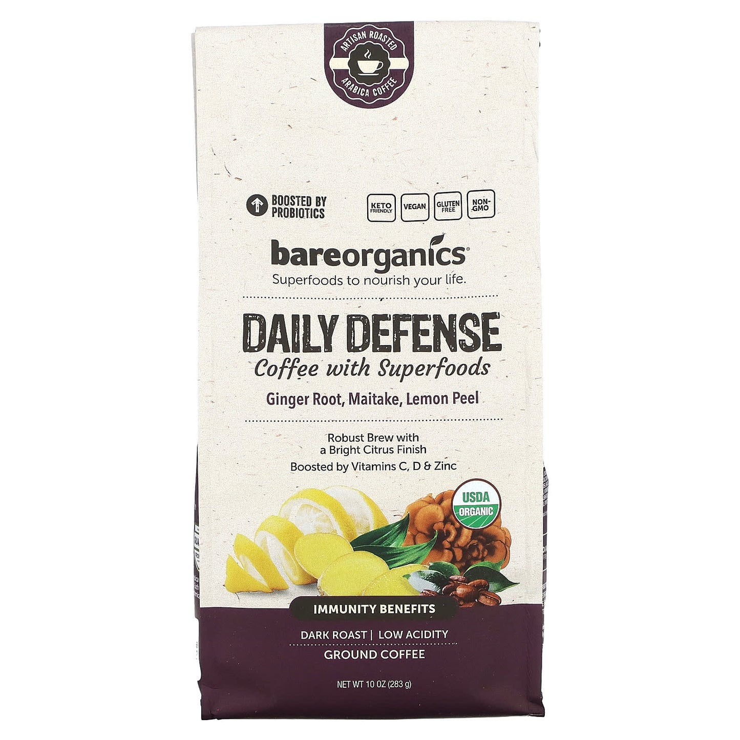 Daily Defense Coffee with Superfoods by BareOrganics, Dark Roast, 10 oz - Image 1