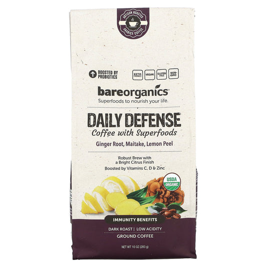 Daily Defense Coffee with Superfoods by BareOrganics, Dark Roast, 10 oz - Image 1