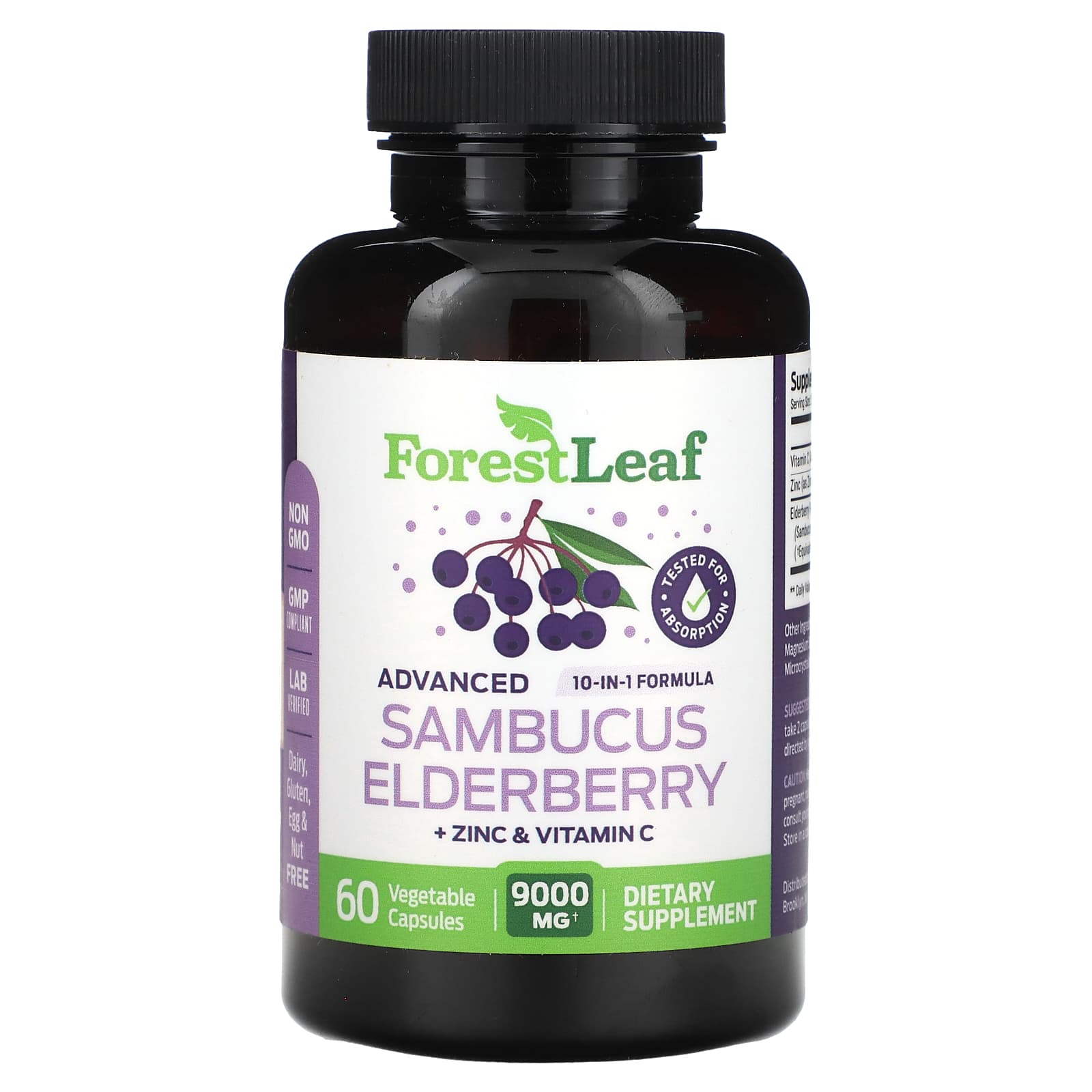 Advanced Sambucus Elderberry Supplement with Zinc & Vitamin C - 9,000 mg - 60 Capsules - Image 1