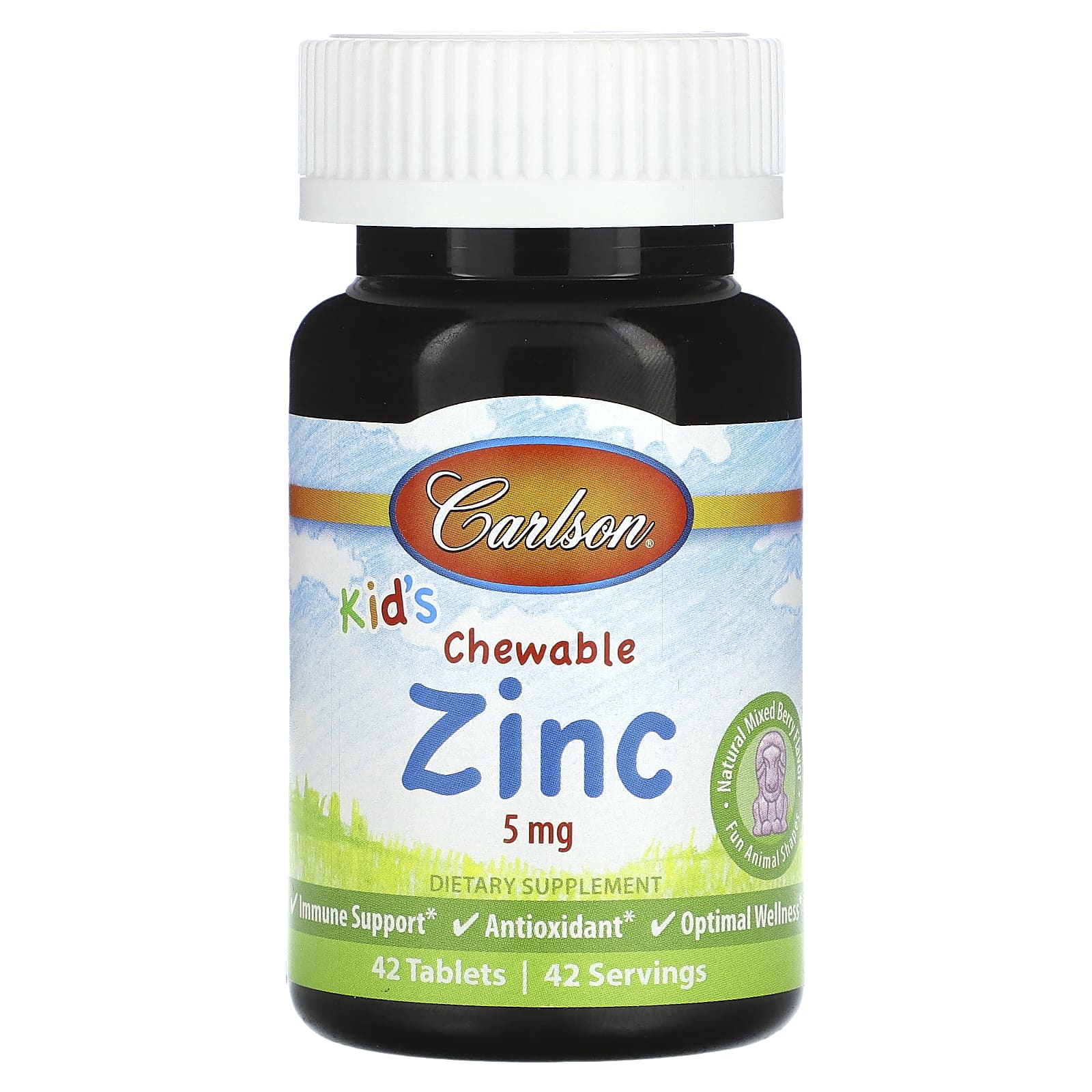 Carlson Kid's Chewable Zinc Supplement, Natural Mixed Berry, 5mg, 42 Tablets - Image 1