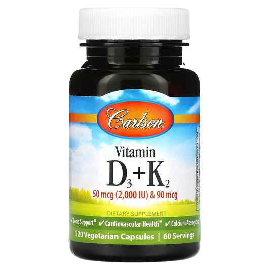 Carlson Vitamin D3 + K2 120 Capsules for Bone & Heart Health - Image 1
