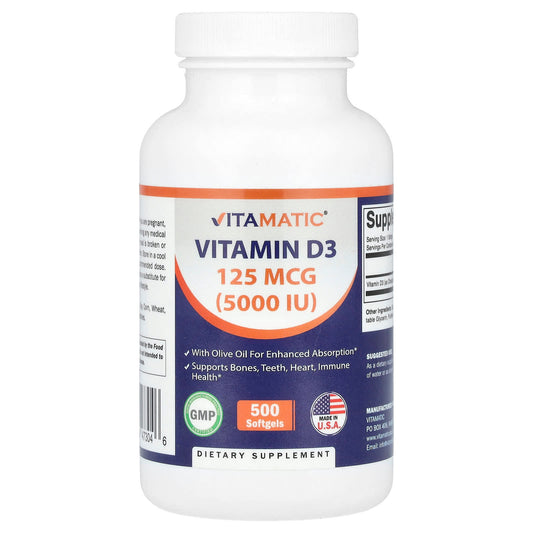 Vitamatic, Vitamin D3, 125 mcg (5,000 IU), 500 Softgels - Image 1