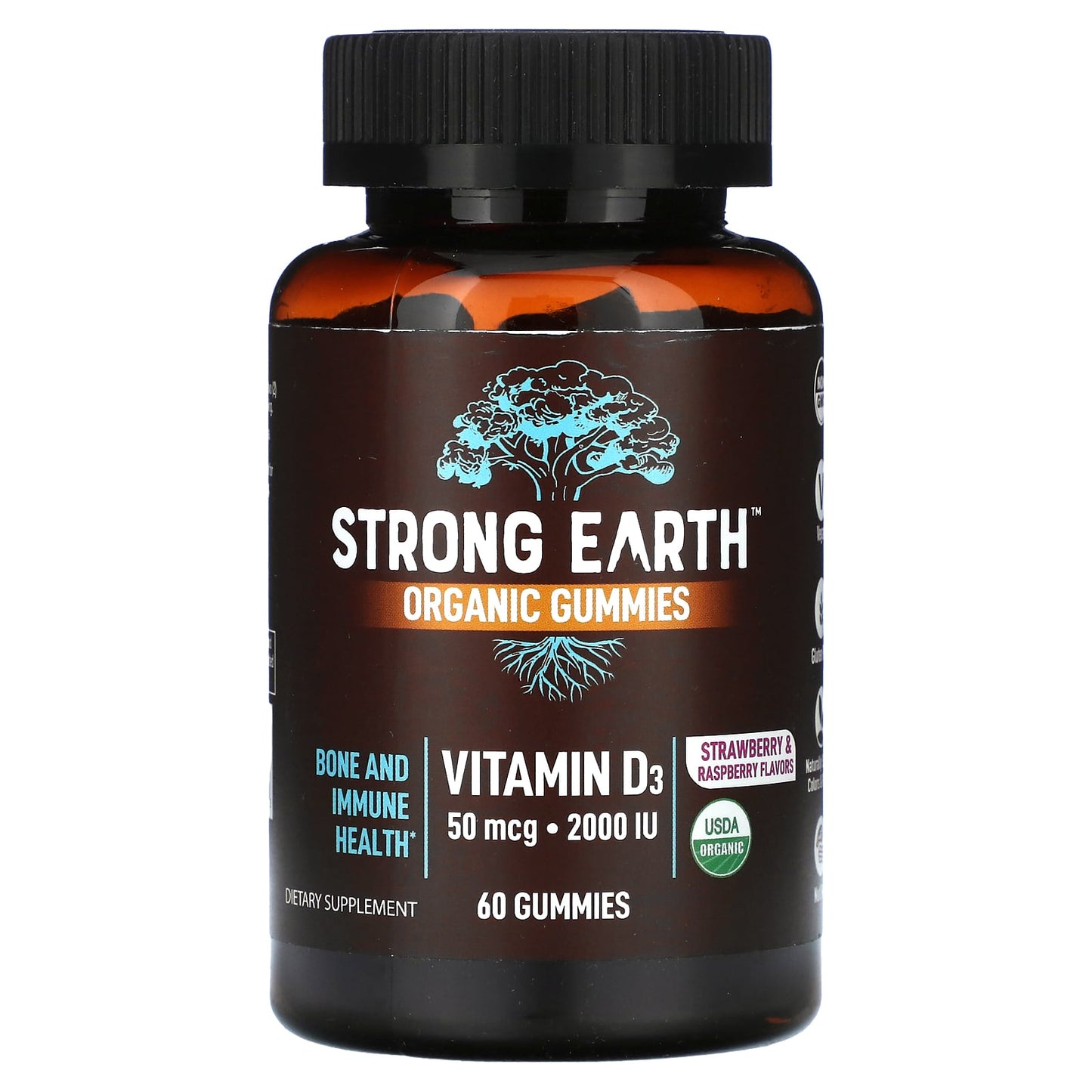 YumVs, Strong Earth Organic Gummies, Vitamin D3, Strawberry Raspberry, 60 Gummies (1,000 IU per Gummy) - Image 1