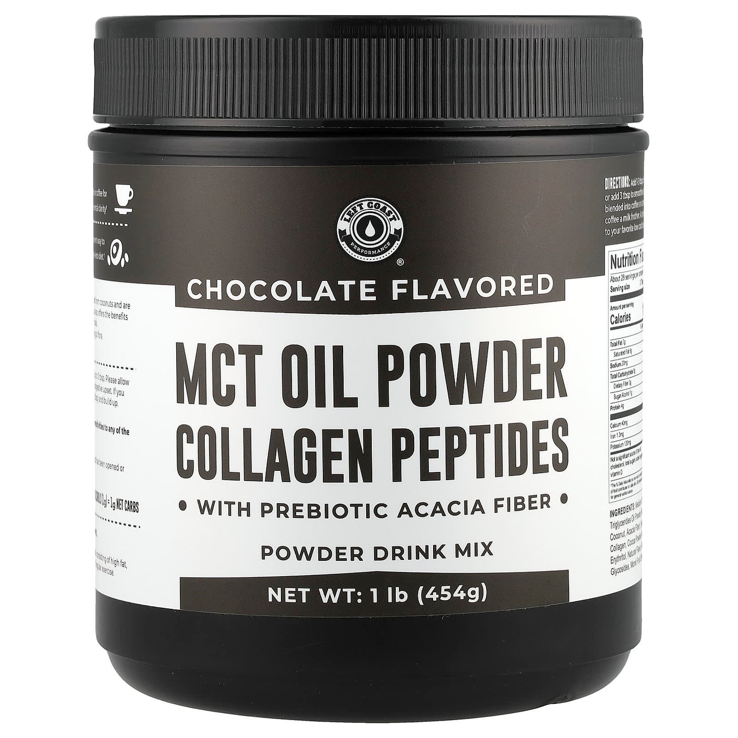 Left Coast Performance, MCT Oil Powder Collagen Peptides with Prebiotic Acacia Fiber, Chocolate, 1 lb (454 g) - Image 1