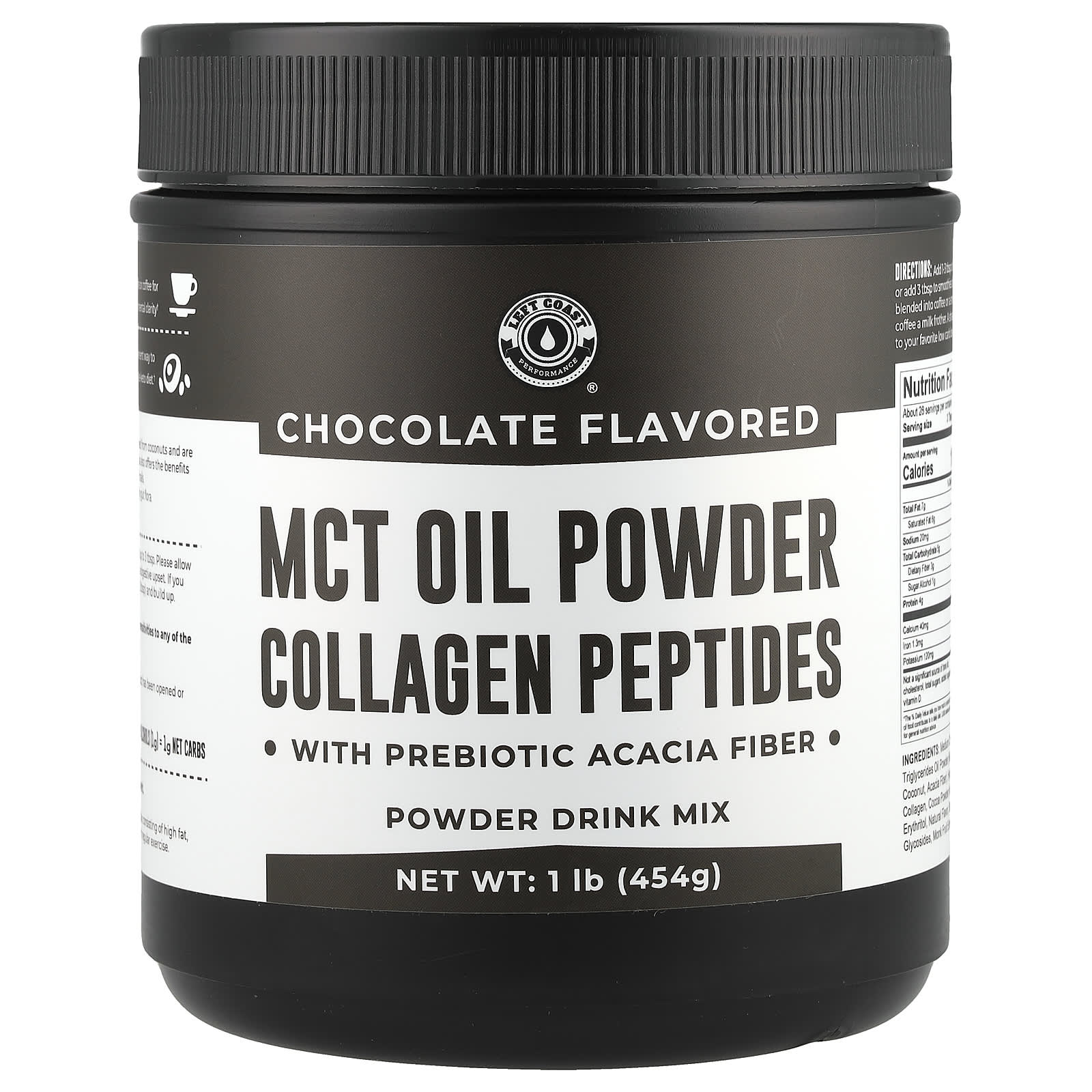 Left Coast Performance, MCT Oil Powder Collagen Peptides with Prebiotic Acacia Fiber, Chocolate, 1 lb (454 g) - Image 1