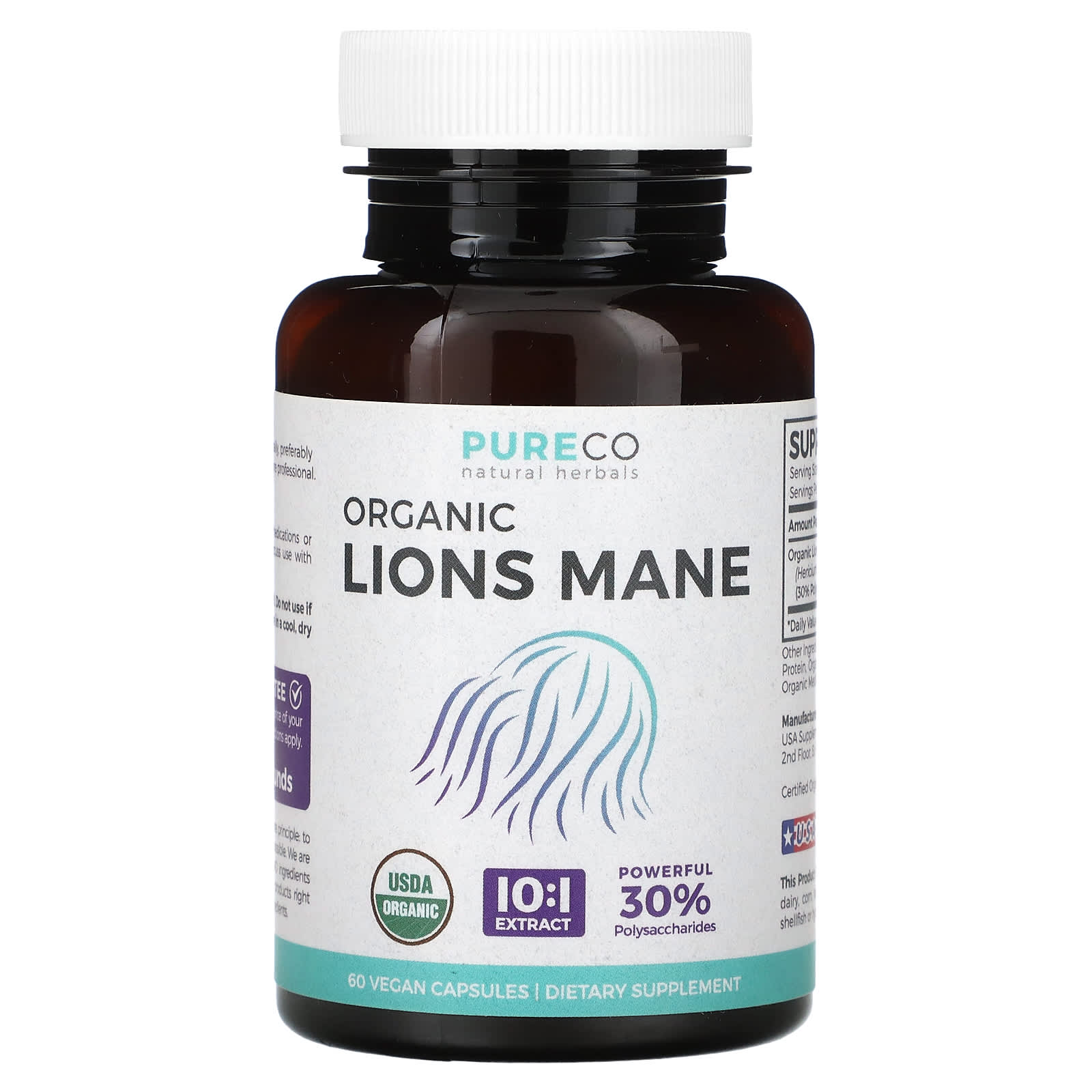 Pure Co., Organic Lions Mane, 60 Vegan Capsules (500 mg per Capsule) - Image 1