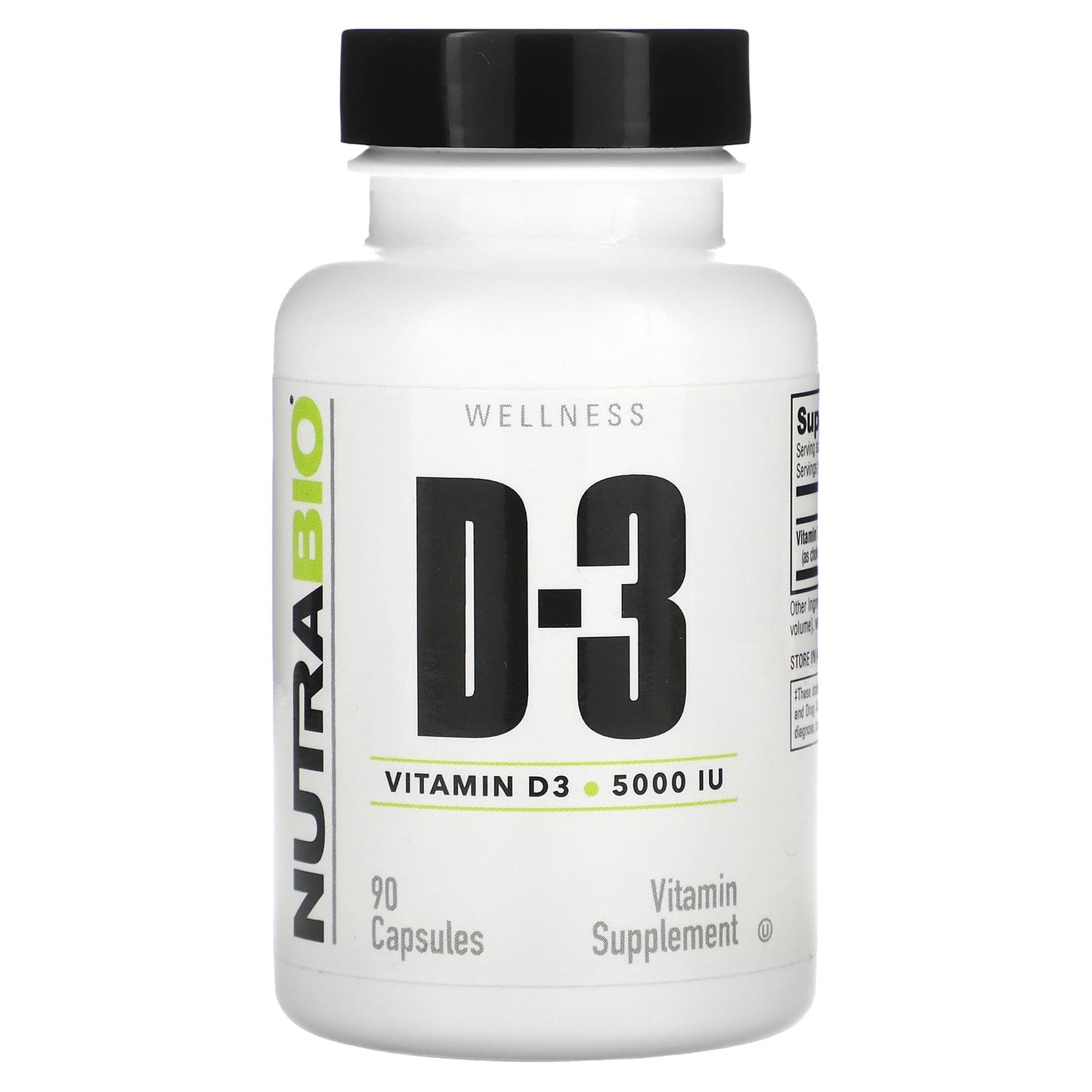 NutraBio, Vitamin D-3, 125 mcg (5,000 IU), 90 Capsules - Image 1