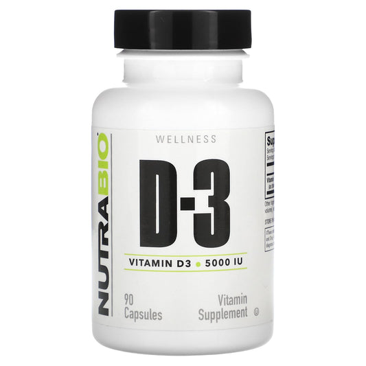 NutraBio, Vitamin D-3, 125 mcg (5,000 IU), 90 Capsules - Image 1