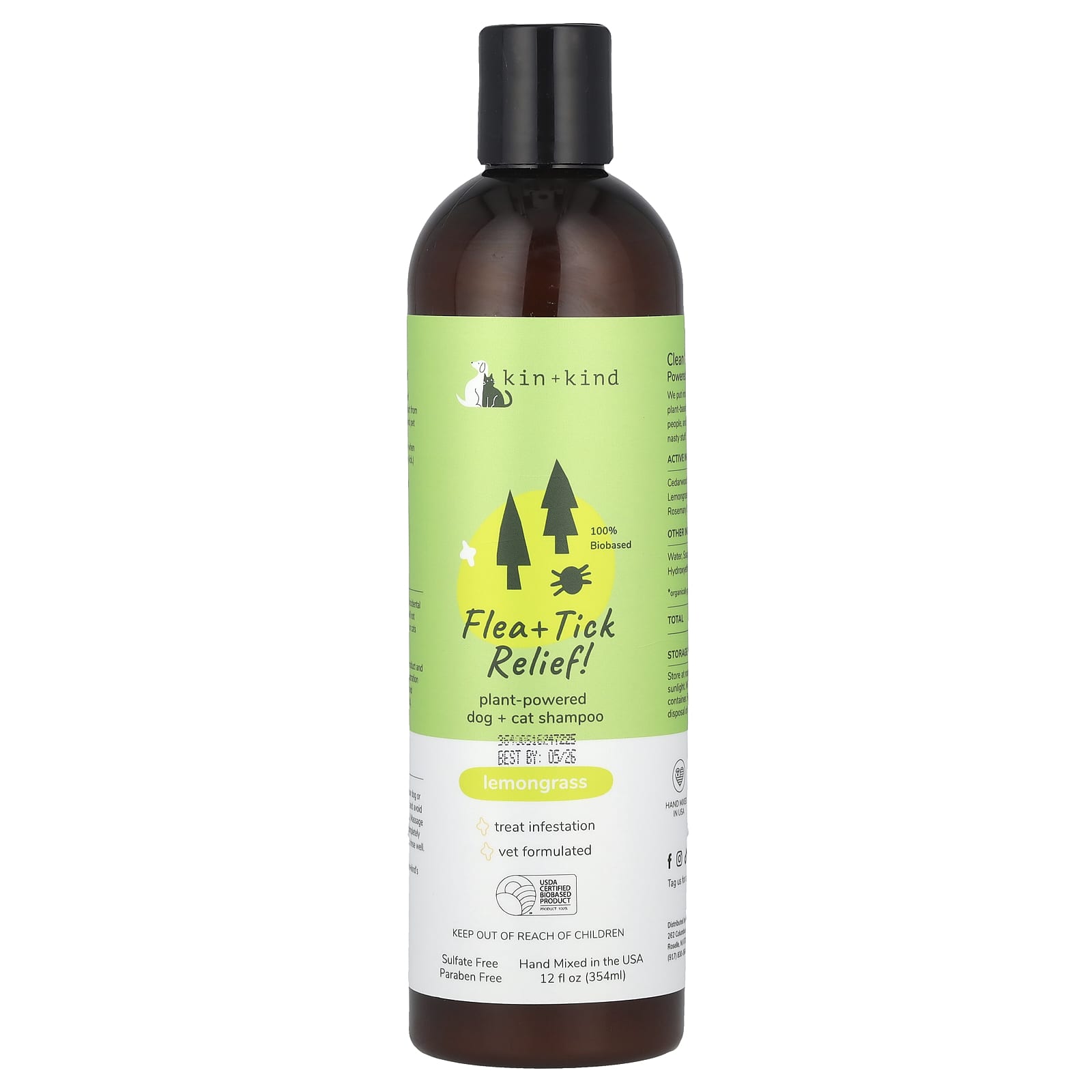 Kin+Kind, Flea + Tick Relief!, Plant-Powered Dog + Cat Shampoo, Lemongrass, 12 fl oz (354 ml) - Image 1