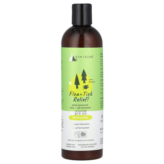 Kin+Kind, Flea + Tick Relief!, Plant-Powered Dog + Cat Shampoo, Lemongrass, 12 fl oz (354 ml) - Image 1