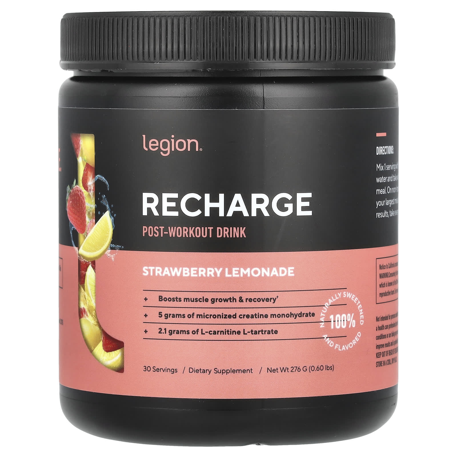 Legion Athletics, Recharge, Post-Workout Drink, Strawberry Lemonade, 0.6 lbs (276 g) - Image 1