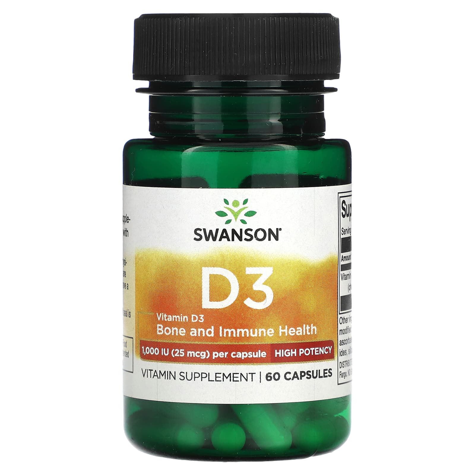 Swanson, Vitamin D3, High Potency, 25 mcg (1,000 IU), 60 Capsules - Image 1