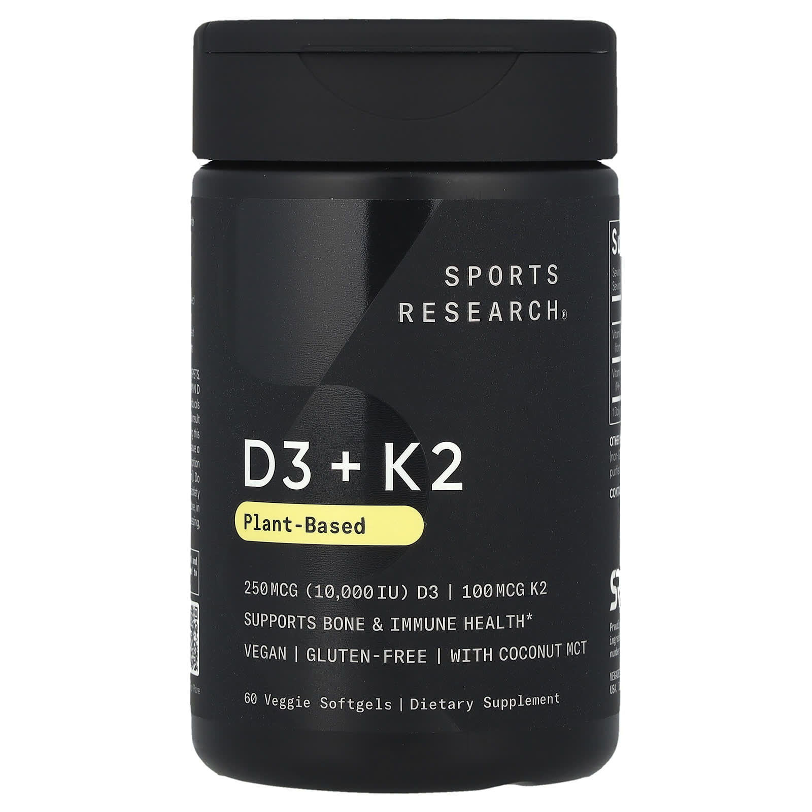 Sports Research, D3 + K2, Plant-Based, 250 mcg/100 mcg, 60 Veggie Softgels - Image 1