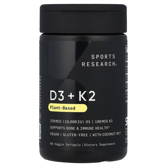 Sports Research, D3 + K2, Plant-Based, 250 mcg/100 mcg, 60 Veggie Softgels - Image 1