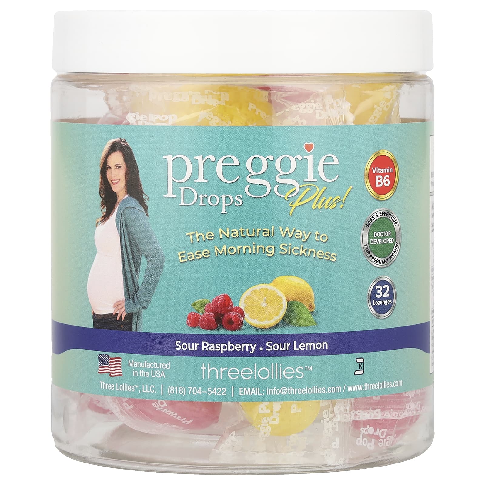 Preggie, Drops Plus!, Sour Raspberry, Sour Lemon, 32 Lozenges - Image 1