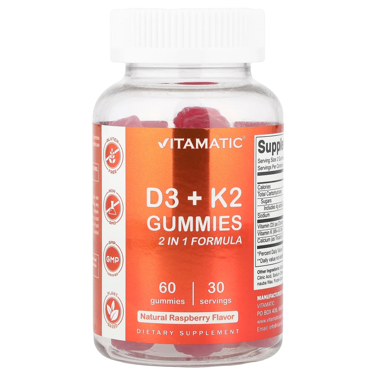 Vitamatic, D3 + K2 Gummies, Natural Raspberry, 60 Gummies - Image 1