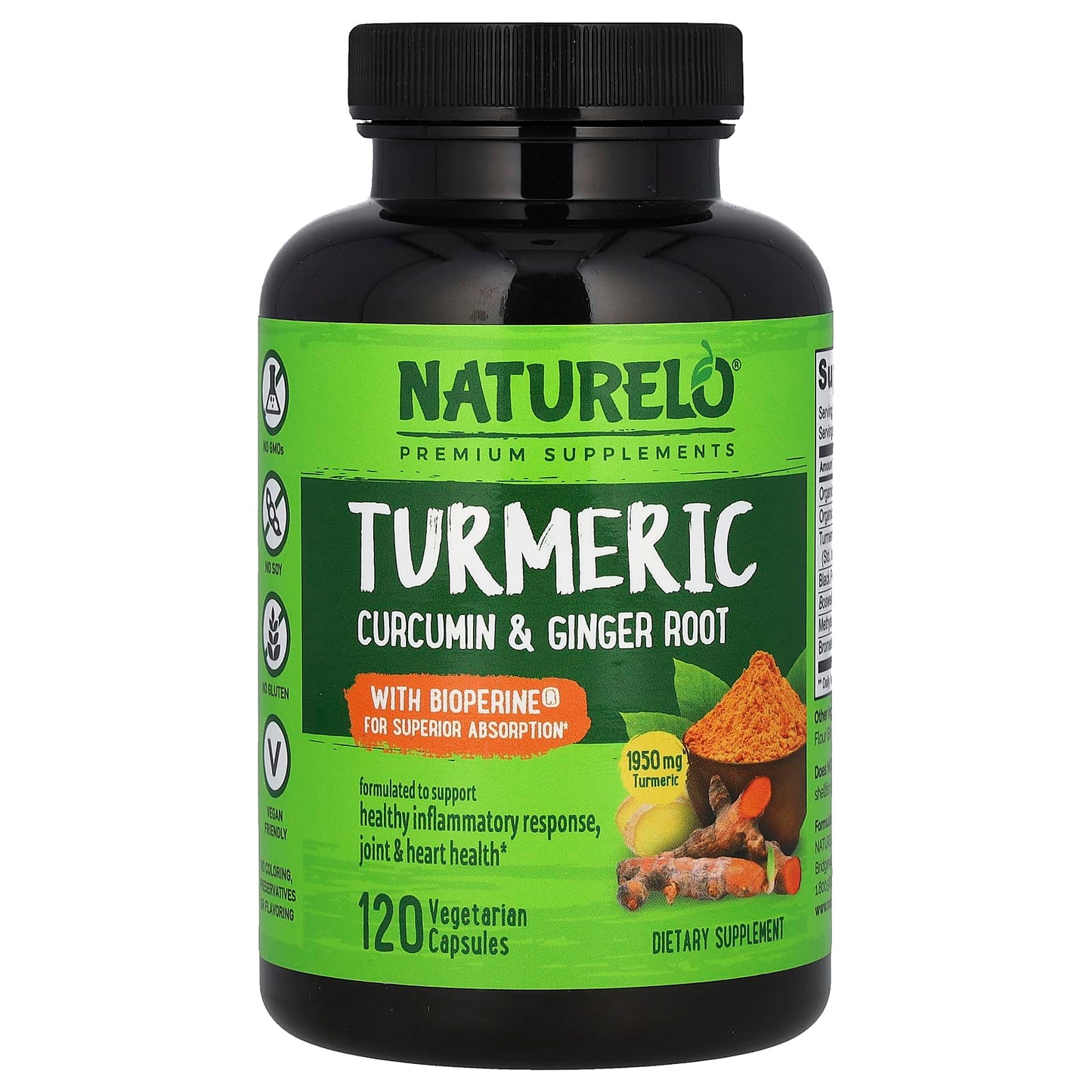 NATURELO, Turmeric Curcumin & Ginger Root With Bioperine®, 120 Vegetarian Capsules - Image 1
