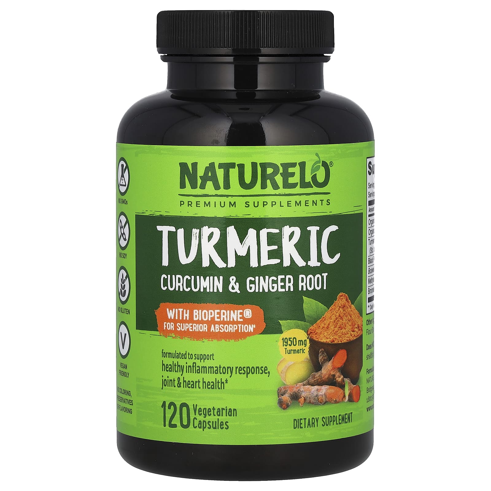 NATURELO, Turmeric Curcumin & Ginger Root With Bioperine®, 120 Vegetarian Capsules - Image 1