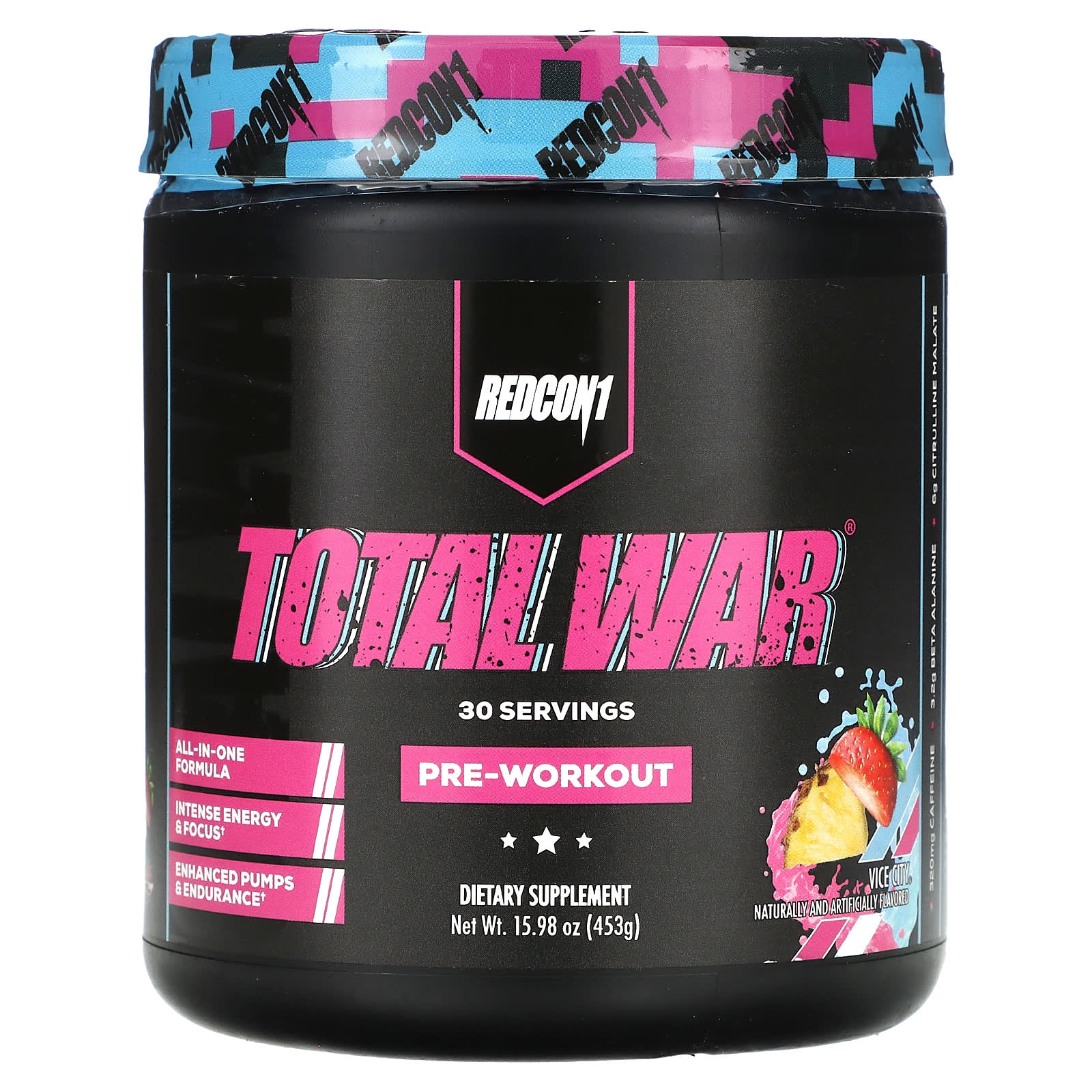Redcon1, Total War, Pre-Workout, Vice City Strawberry Pina Colada, 15.98 oz (453 g) - Image 1