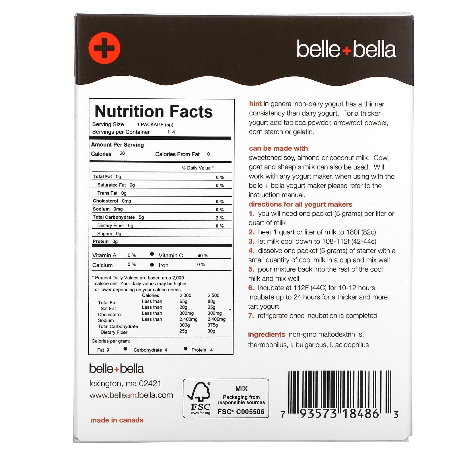 Belle+Bella, Easy Non-Dairy Yogurt Starter, 4 Packets, 5g Each - Image 2