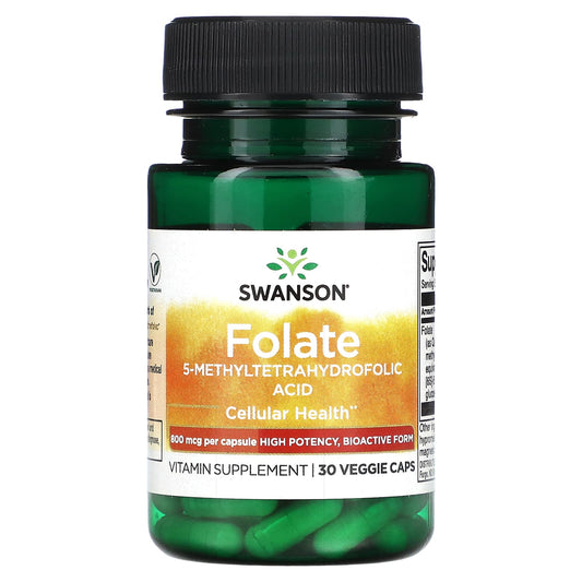 Swanson, Folate, 5-Methyltetrahydrofolic Acid, 800 mcg, 30 Veggie Caps - Image 1