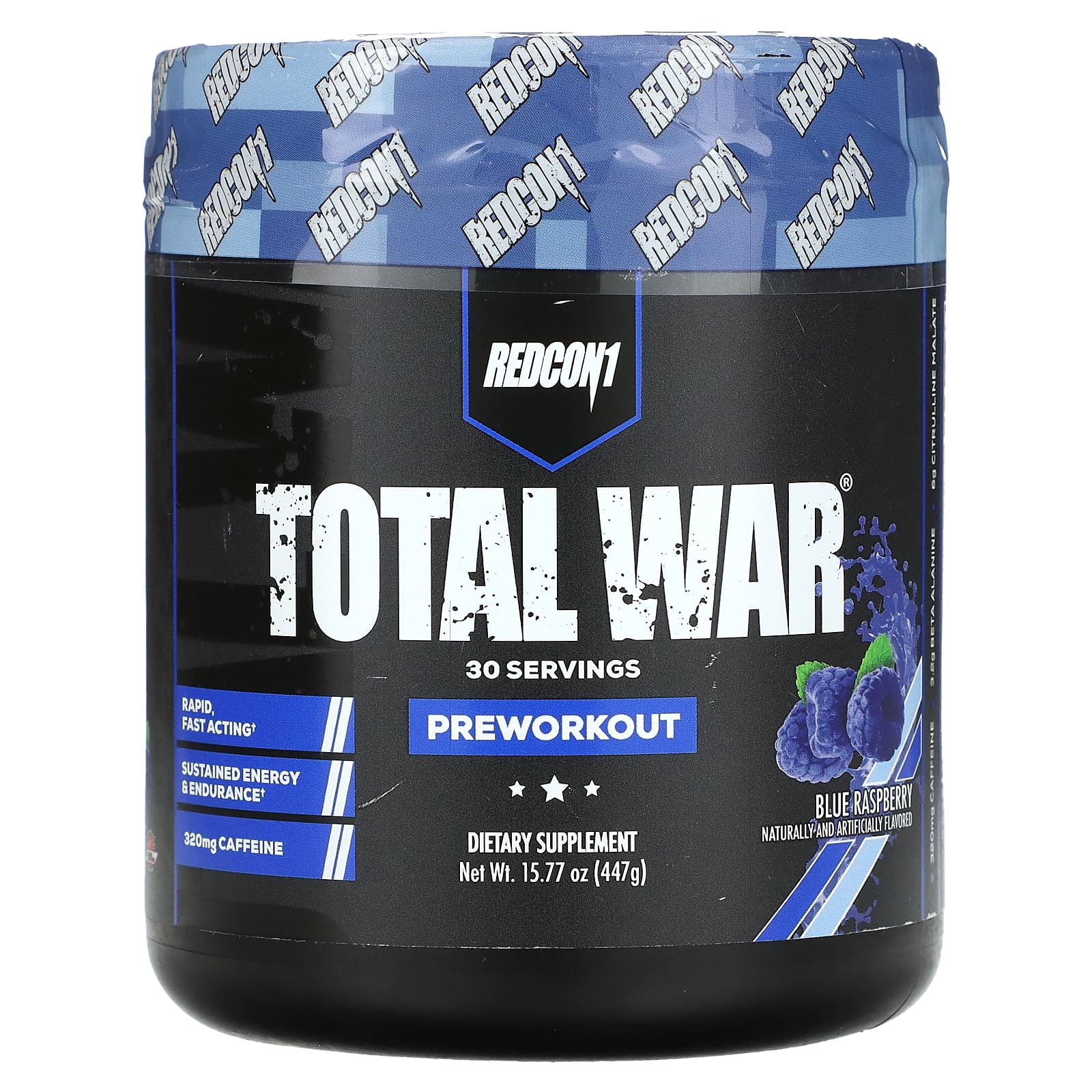 Redcon1, Total War, Pre-Workout, Blue Raspberry, 15.77 oz (447 g) - Image 1
