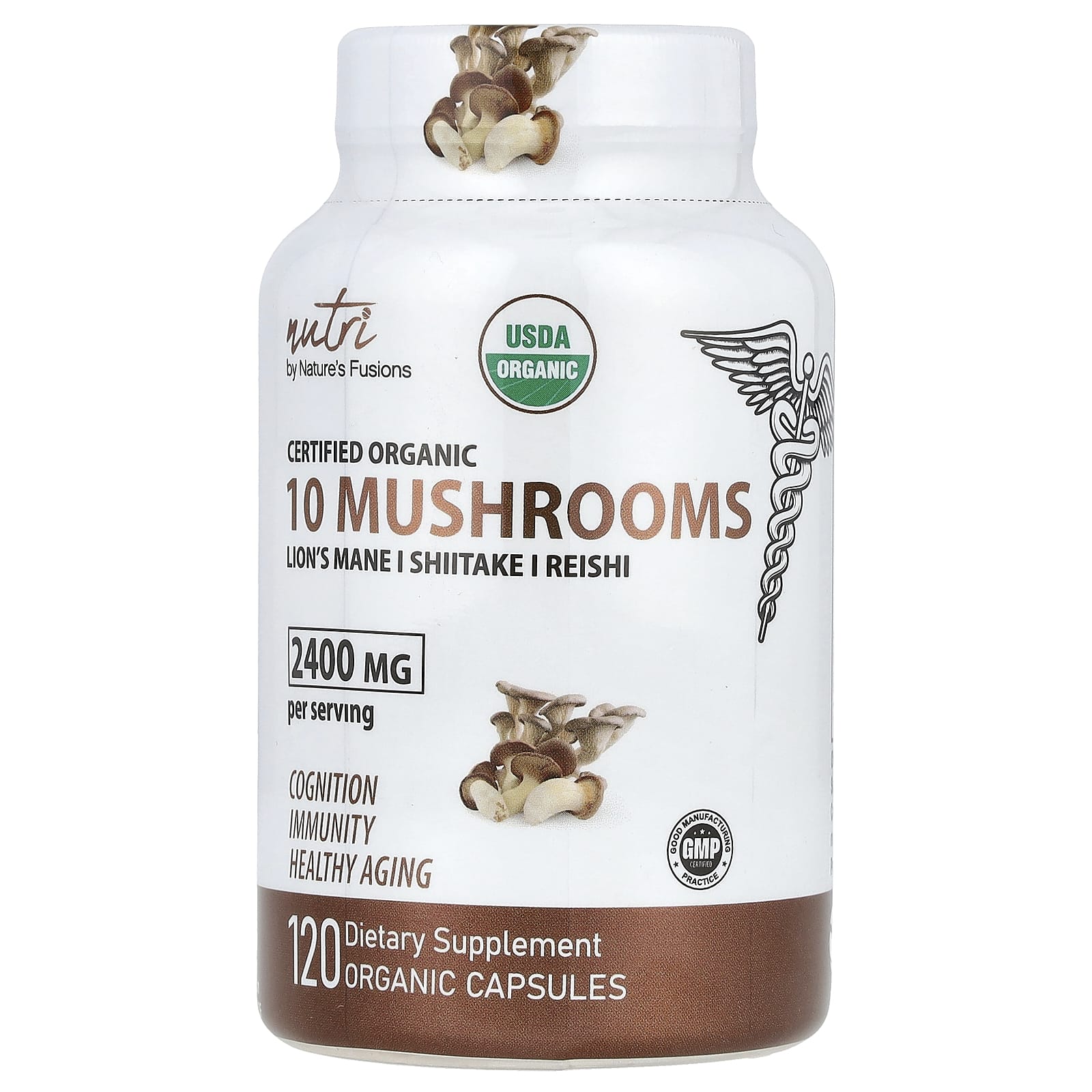 Nutri, Organic 10 Mushrooms, Lion's Mane, Shiitake, Reishi, 120 Organic Capsules - Image 1