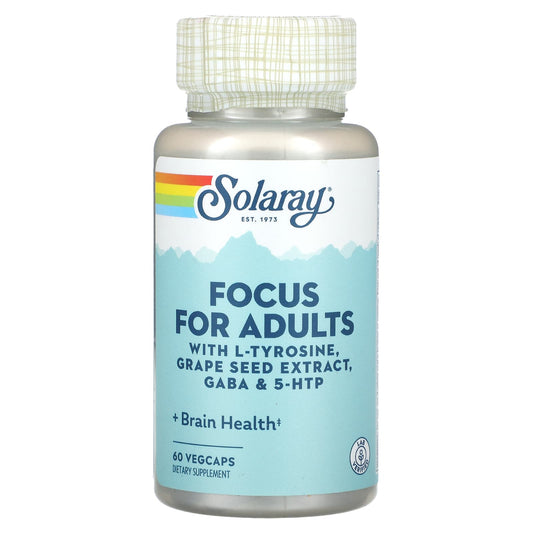 Solaray, Focus For Adults with L-Tyrosine, Grape Seed Extract, Gaba & 5-HTP, 60 VegCaps - Image 1