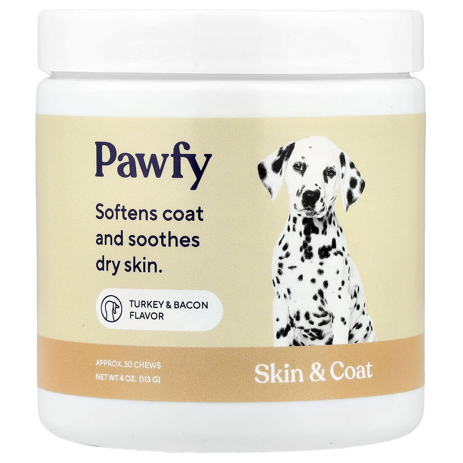 Pawfy, Skin And Coat, Turkey & Bacon , 30 Chews, 4 oz (113 g) - Image 1