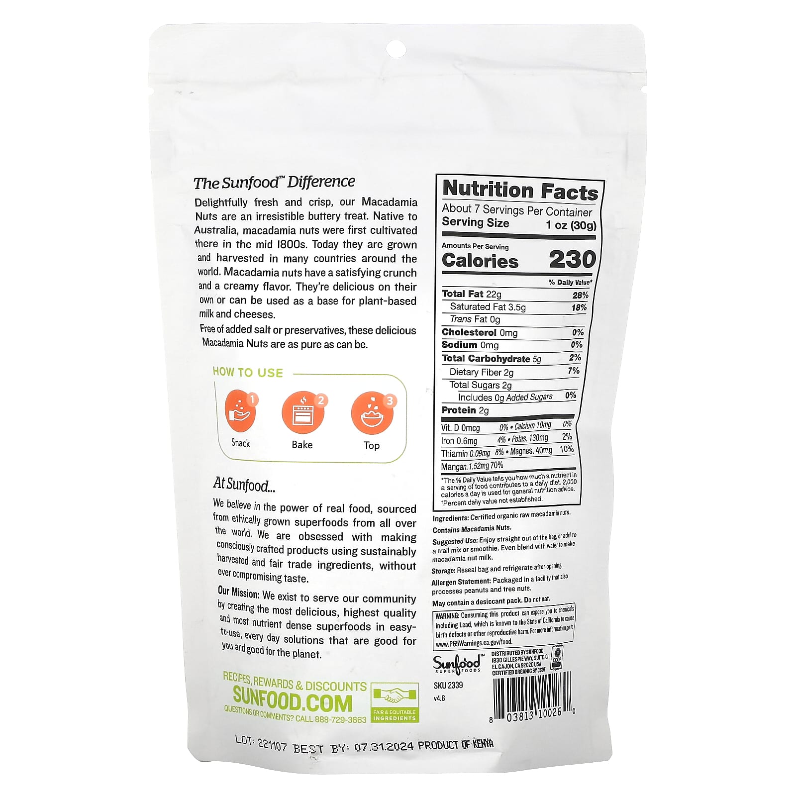 Sunfood, Raw Organic Macadamia Nuts, 8 oz (227 g) - Image 2
