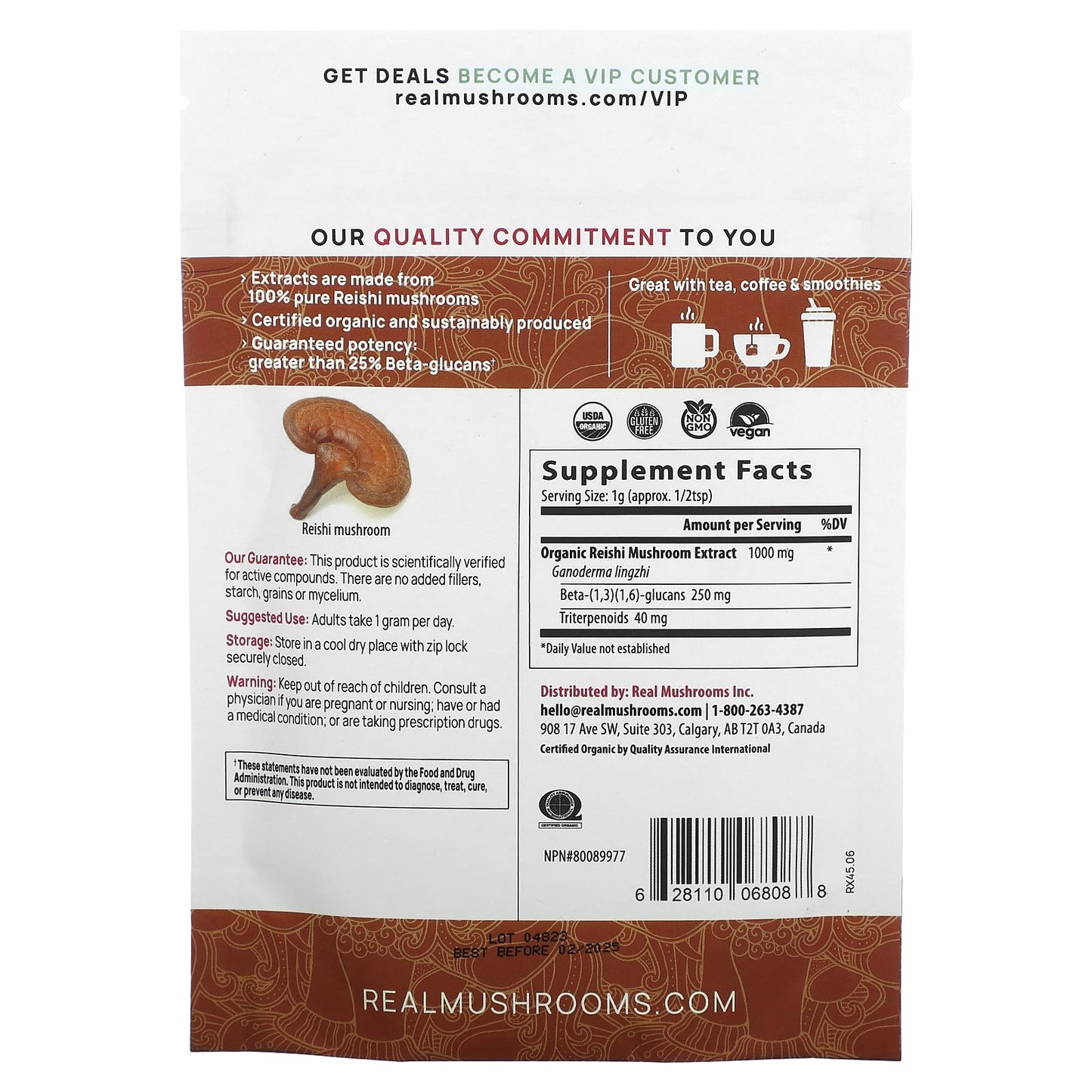 Real Mushrooms, Reishi, Organic Mushroom Extract Powder, 1.59 oz (45 gm) - Image 2