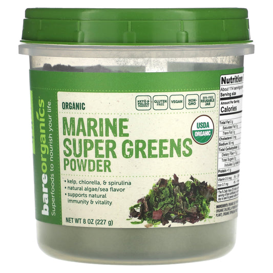 BareOrganics Organic Marine Super Greens Powder, 8 oz - Boost Immunity - Image 1