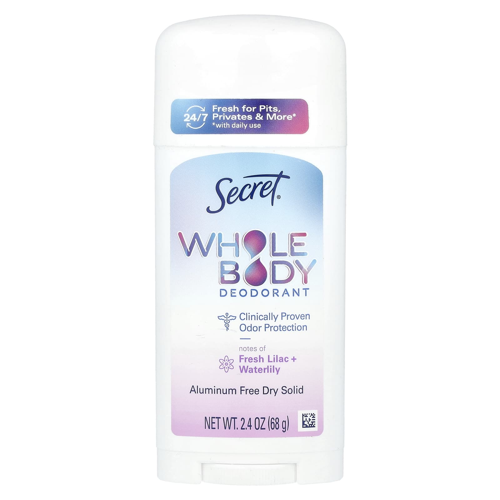 Secret, Whole Body Deodorant, Aluminum Free Dry Solid, Fresh Lilac + Waterlily, 2.4 oz (68 g) - Image 1