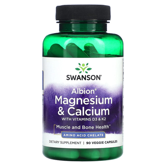 Swanson, Albion, Magnesium & Calcium with Vitamins D3 & K2, 90 Veggie Capsules - Image 1