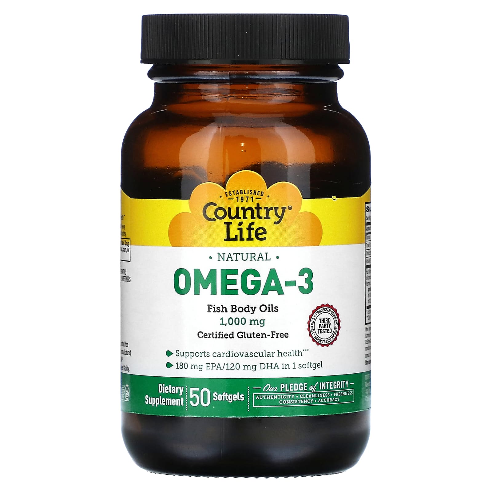 Country Life Omega-3 Fish Oil, 1000mg, 50 Softgels, Gluten-Free - Image 1
