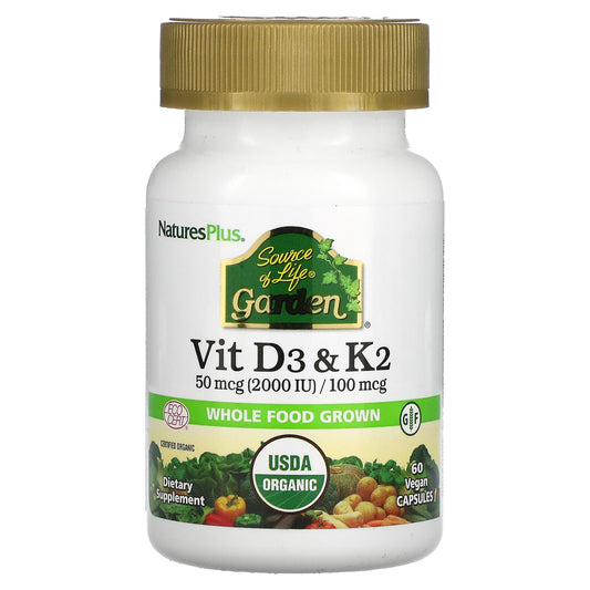 NaturesPlus, Source of Life Garden, Vit D3 & K2, 60 Vegan Capsules - Image 1