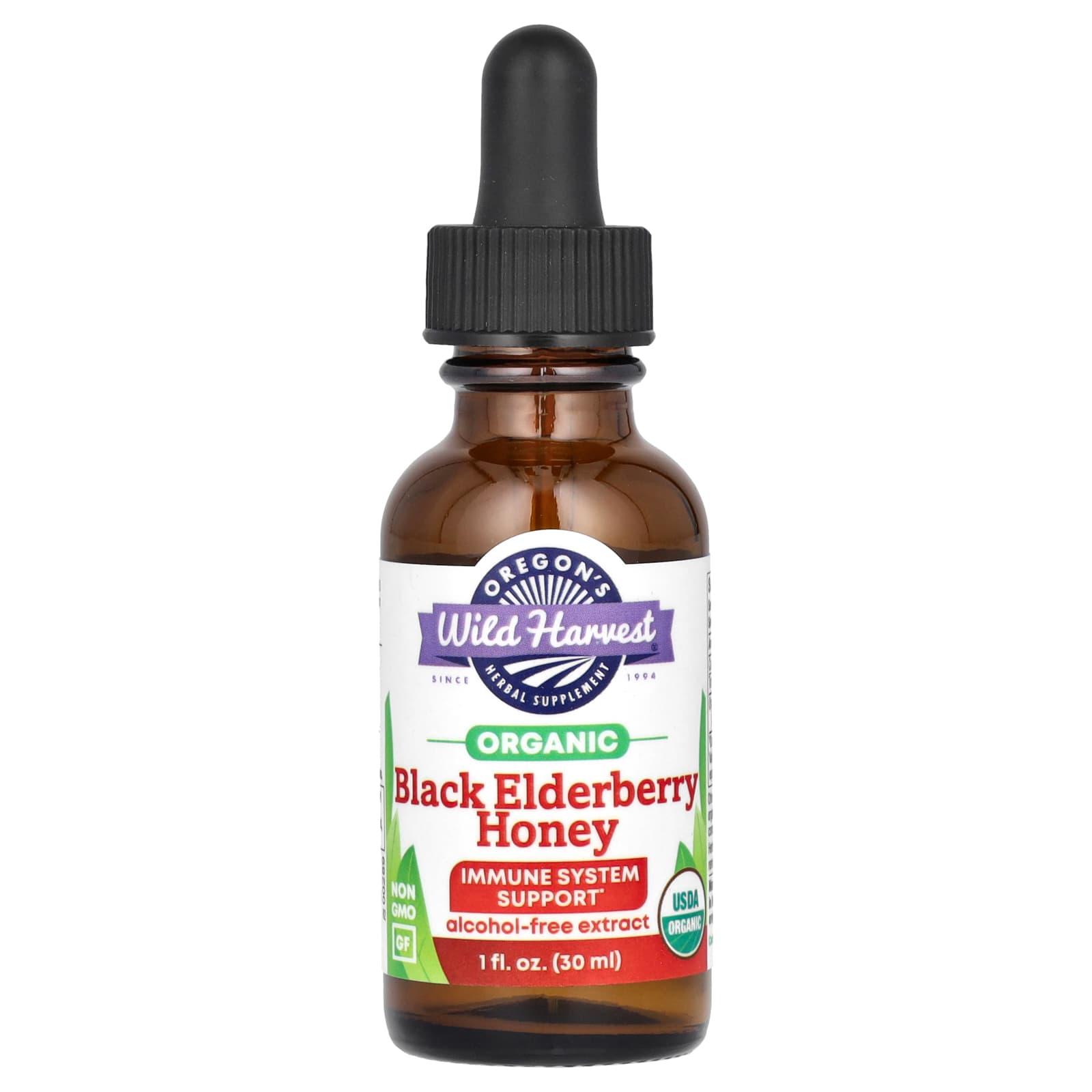 Oregon's Wild Harvest, Organic Black Elderberry Honey, Alcohol Free, 1 fl oz (30 ml) (1,400 mg per Serving) - Image 1