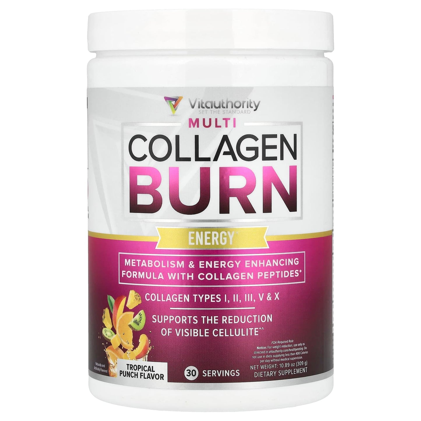 Vitauthority, Multi Collagen Burn, Energy, Tropical Punch, 10.89 oz (309 g) - Image 1