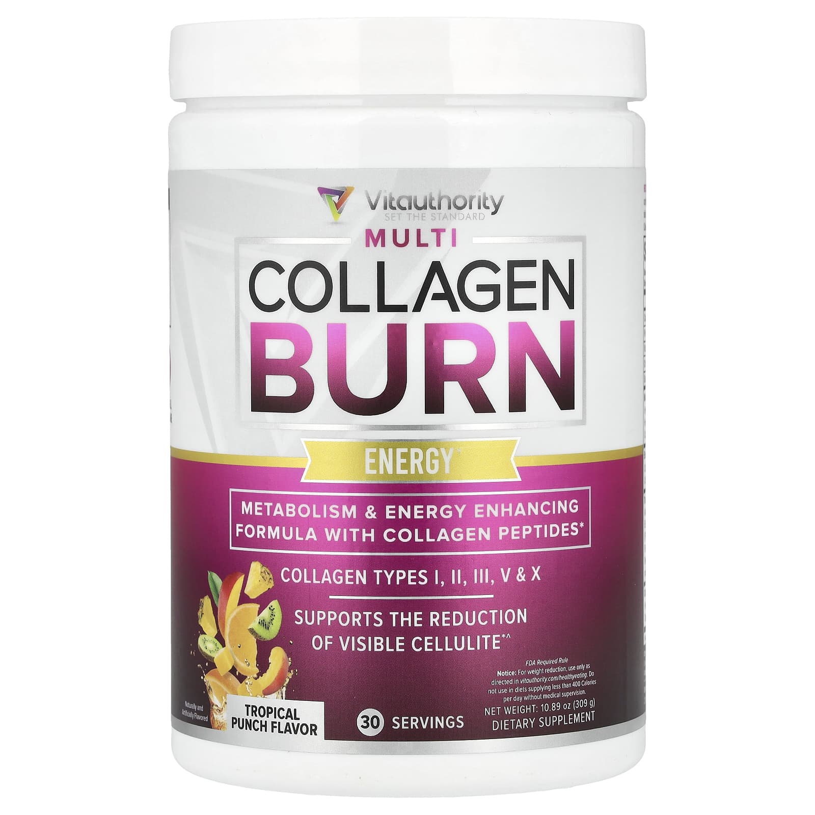 Vitauthority, Multi Collagen Burn, Energy, Tropical Punch, 10.89 oz (309 g) - Image 1